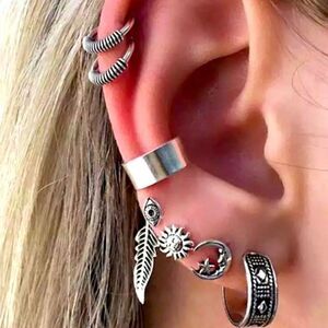 Silver Antique Post Earrings Multiple Ear Cuff Set